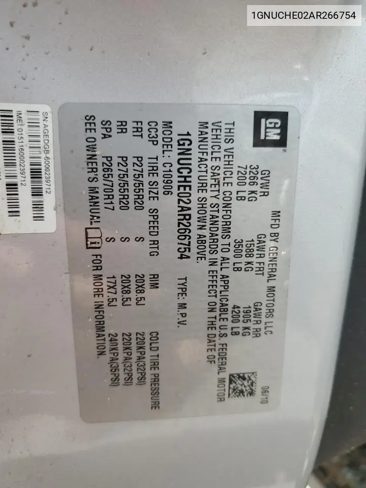 2010 Chevrolet Suburban C1500 Ls VIN: 1GNUCHE02AR266754 Lot: 56241955