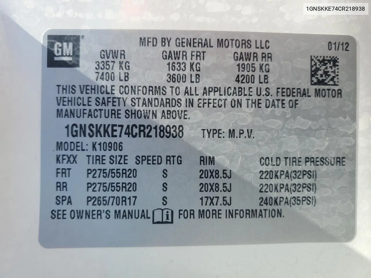 2012 Chevrolet Suburban K1500 Ltz VIN: 1GNSKKE74CR218938 Lot: 55520875