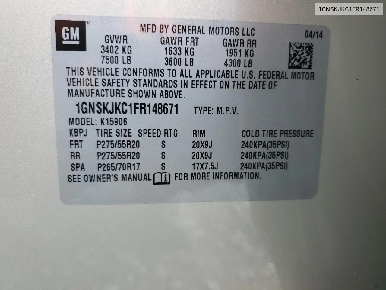 2015 Chevrolet Suburban K1500 Lt VIN: 1GNSKJKC1FR148671 Lot: 56761995