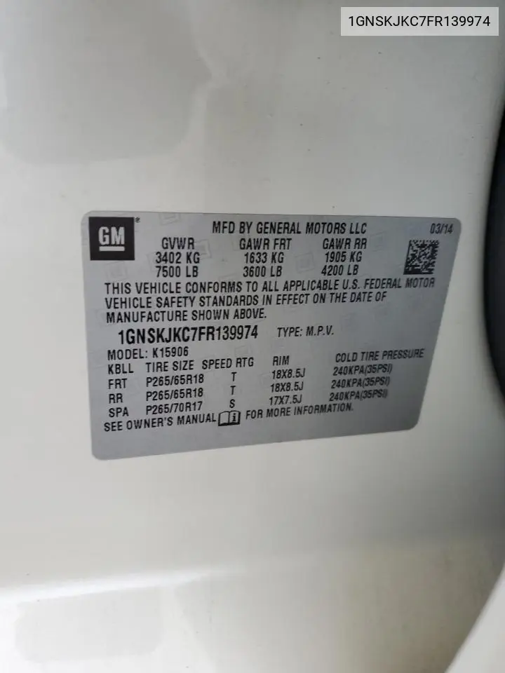 2015 Chevrolet Suburban K1500 Lt VIN: 1GNSKJKC7FR139974 Lot: 63105405