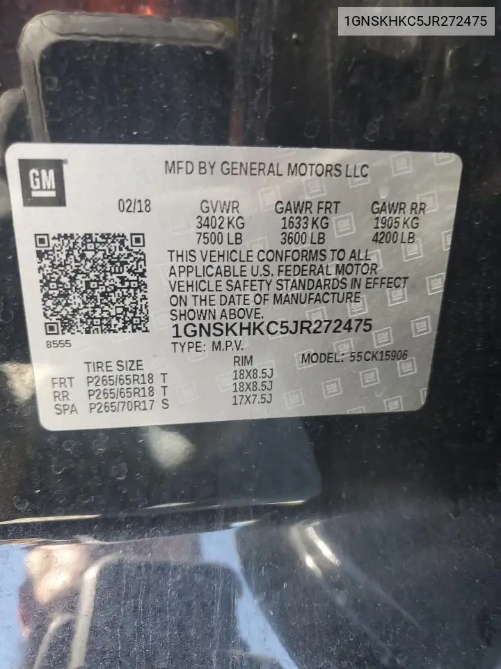 2018 Chevrolet Suburban K1500 Lt VIN: 1GNSKHKC5JR272475 Lot: 60749905