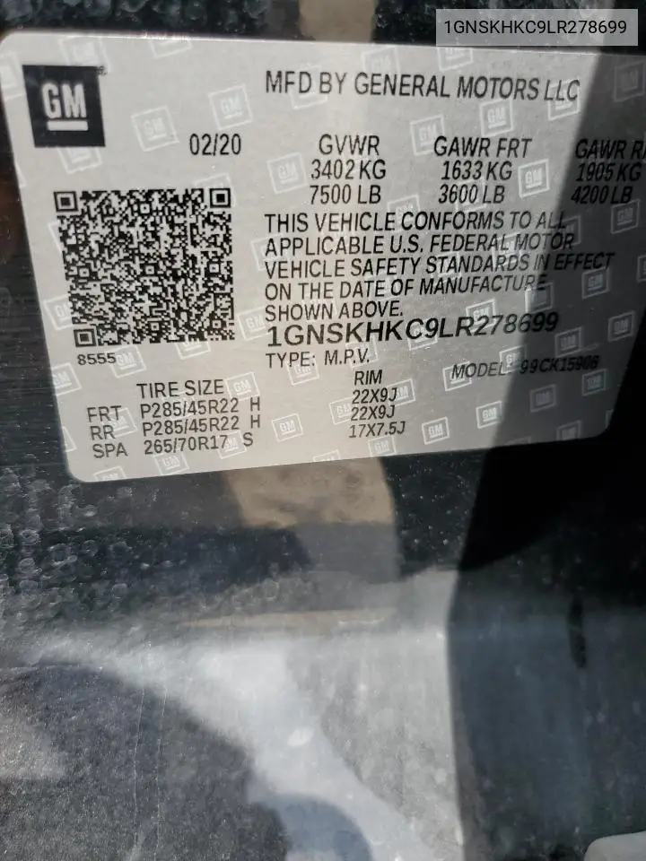 2020 Chevrolet Suburban K1500 Lt VIN: 1GNSKHKC9LR278699 Lot: 61911955
