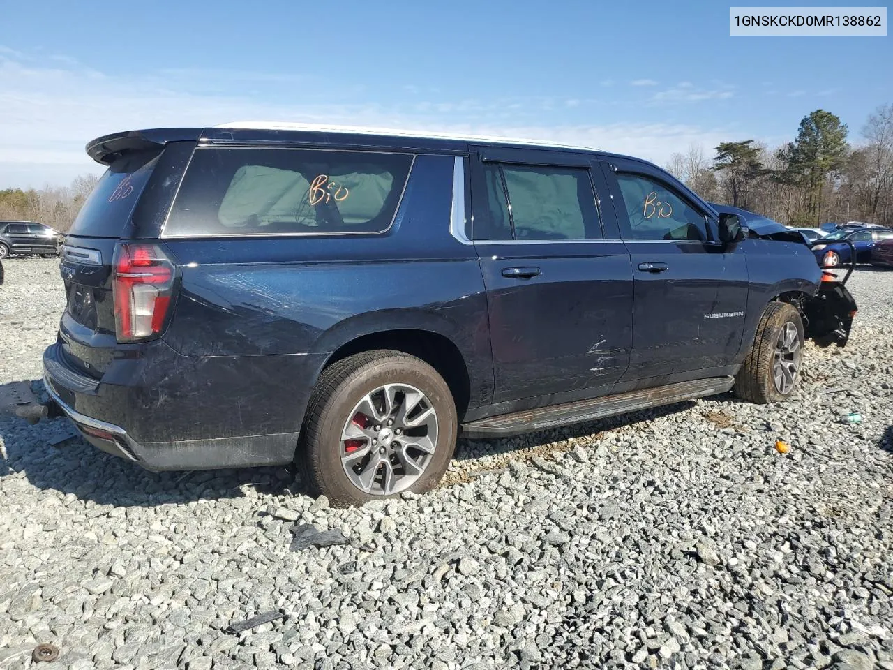2021 Chevrolet Suburban K1500 Lt VIN: 1GNSKCKD0MR138862 Lot: 43693085