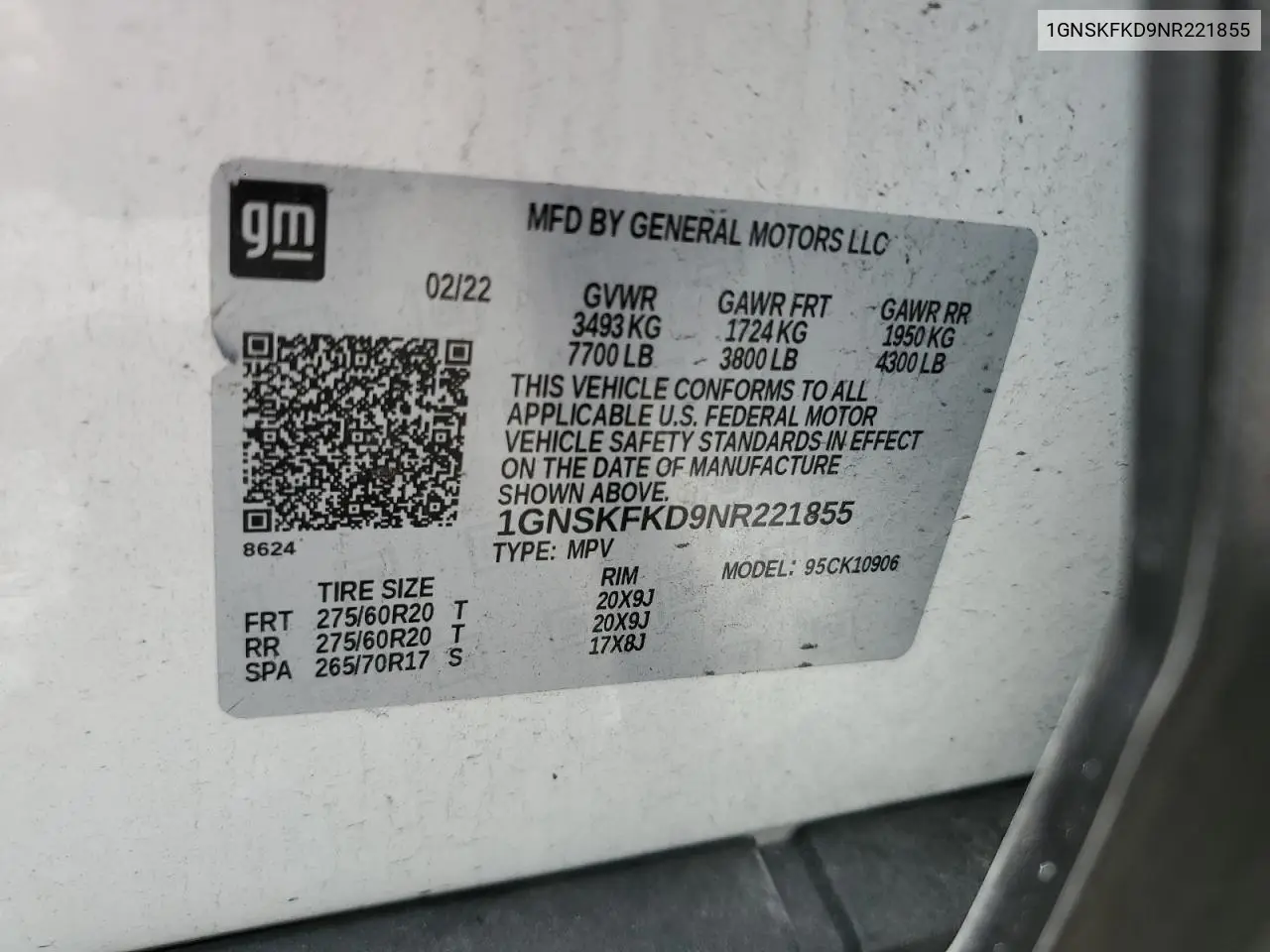 2022 Chevrolet Suburban K1500 Premier VIN: 1GNSKFKD9NR221855 Lot: 62273845