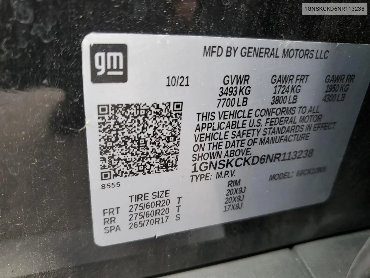 2022 Chevrolet Suburban K1500 Lt VIN: 1GNSKCKD6NR113238 Lot: 84997734