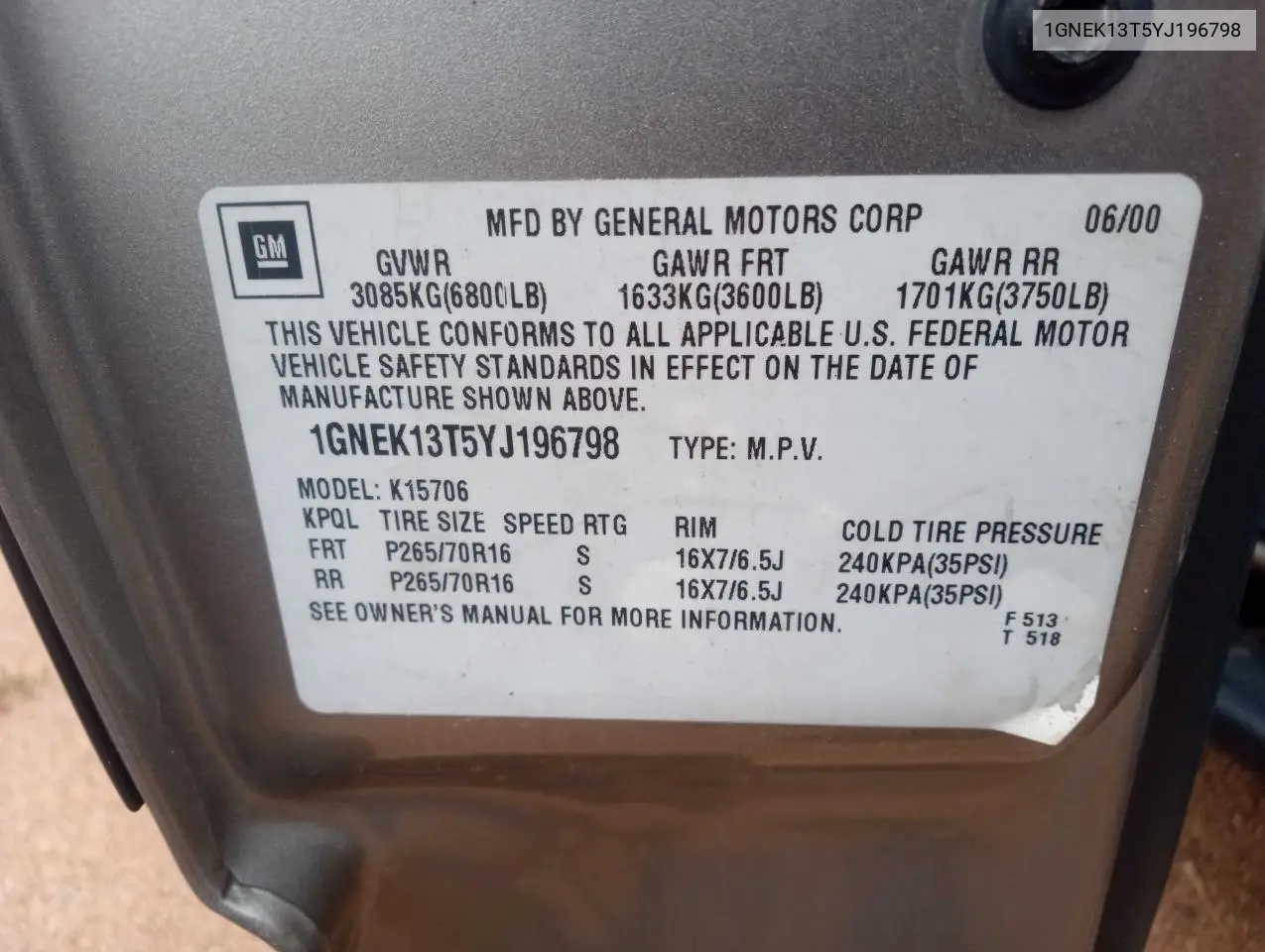 2000 Chevrolet Tahoe K1500 VIN: 1GNEK13T5YJ196798 Lot: 62869835