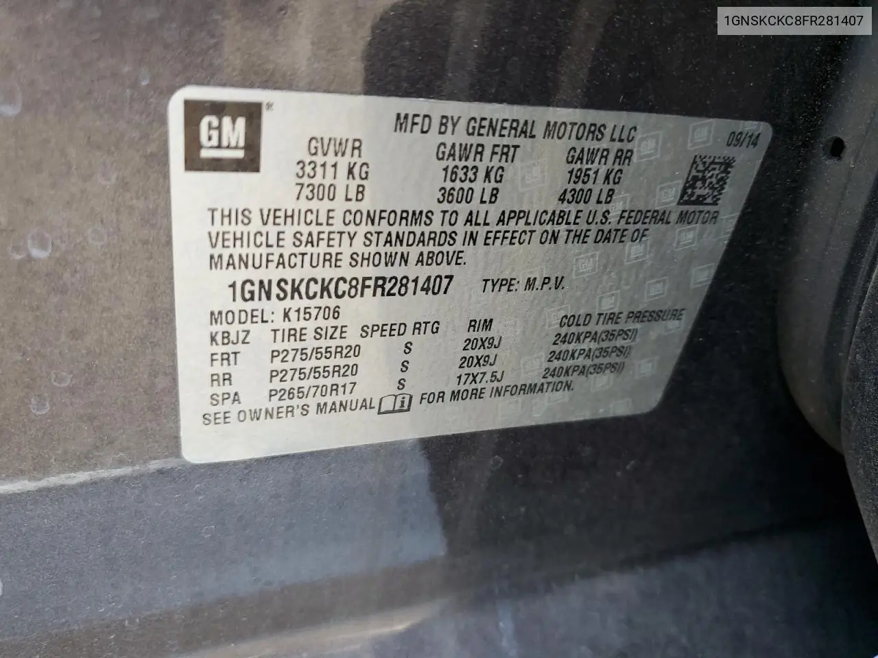2015 Chevrolet Tahoe K1500 Ltz VIN: 1GNSKCKC8FR281407 Lot: 56918415