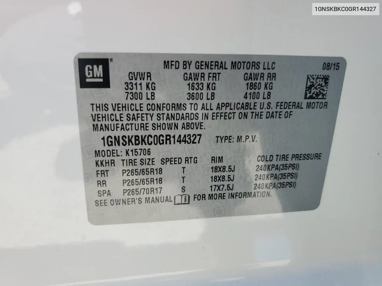 2016 Chevrolet Tahoe K1500 Lt VIN: 1GNSKBKC0GR144327 Lot: 62563465