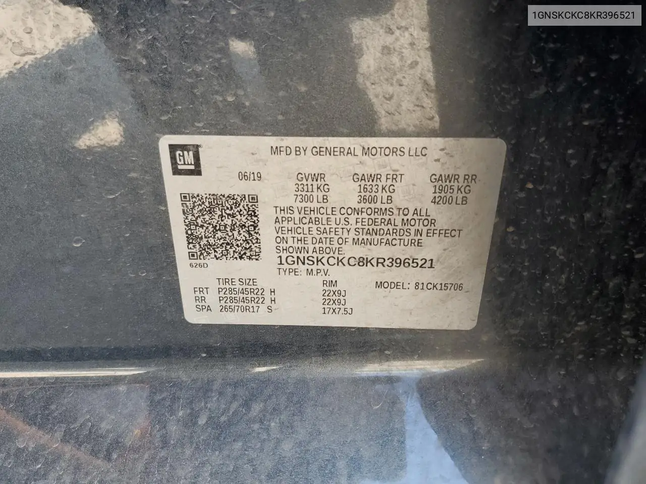 2019 Chevrolet Tahoe K1500 Premier VIN: 1GNSKCKC8KR396521 Lot: 61907795