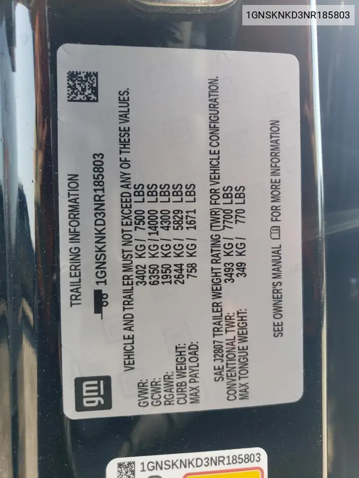 2022 Chevrolet Tahoe K1500 Lt VIN: 1GNSKNKD3NR185803 Lot: 62412805