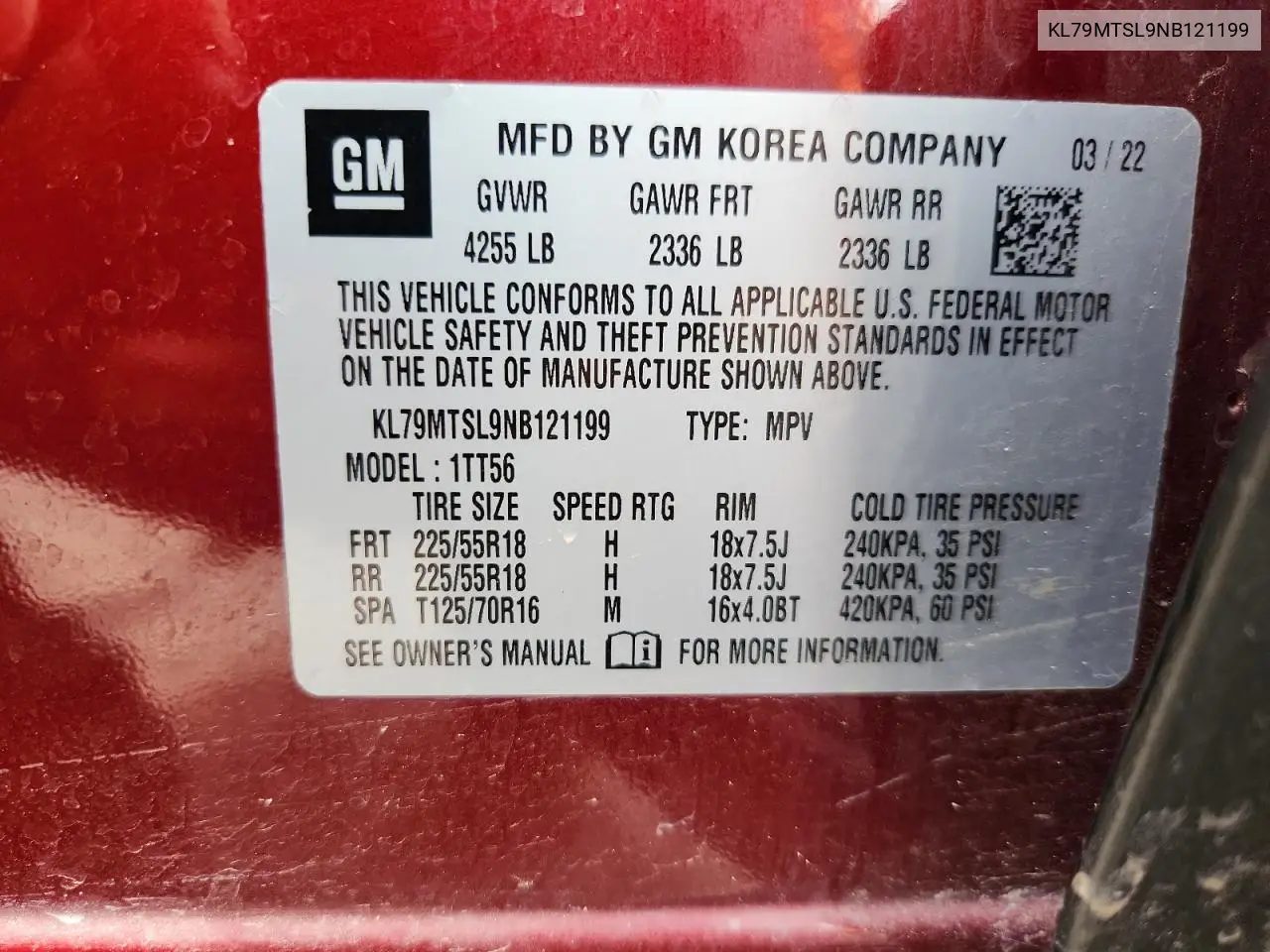 2022 Chevrolet Trailblazer Rs VIN: KL79MTSL9NB121199 Lot: 63418075