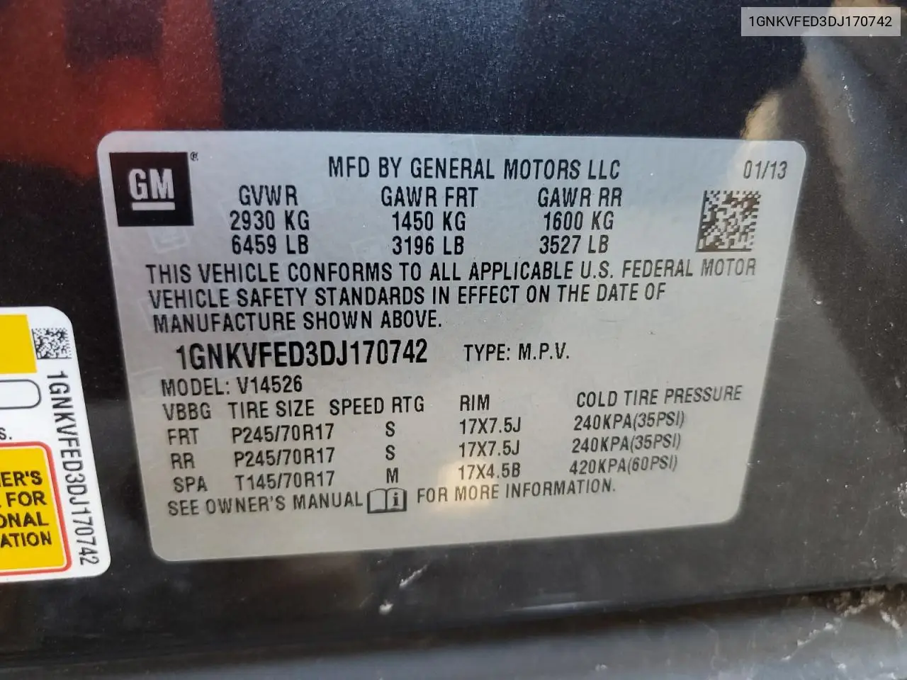2013 Chevrolet Traverse Ls VIN: 1GNKVFED3DJ170742 Lot: 62386765