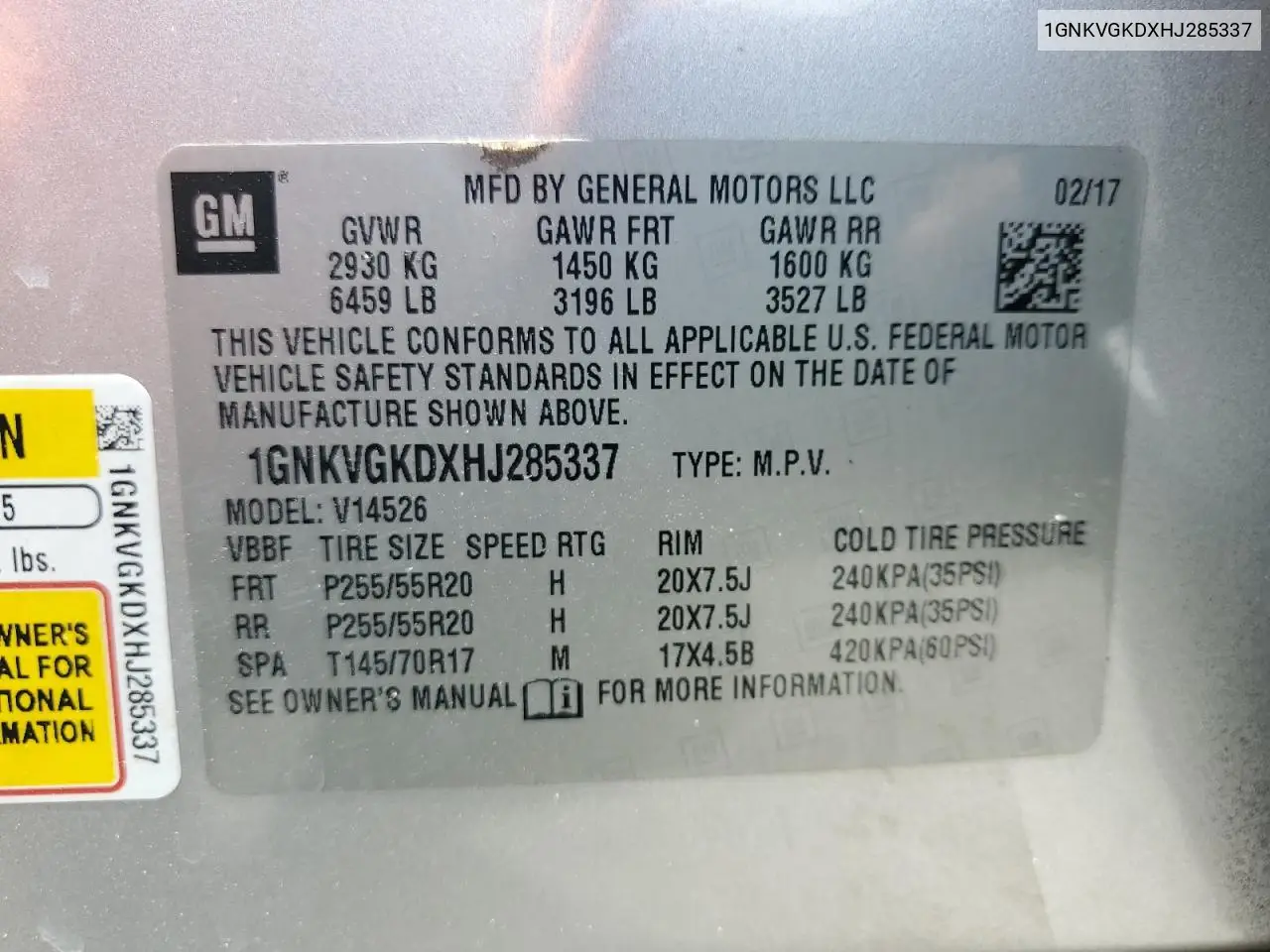 2017 Chevrolet Traverse Lt VIN: 1GNKVGKDXHJ285337 Lot: 62878545