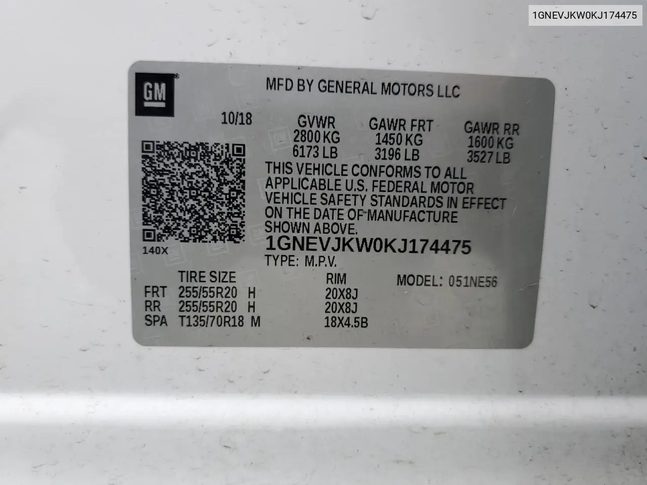 2019 Chevrolet Traverse High Country VIN: 1GNEVJKW0KJ174475 Lot: 56828705