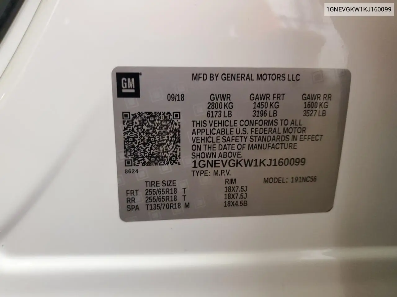 2019 Chevrolet Traverse Lt VIN: 1GNEVGKW1KJ160099 Lot: 63520795