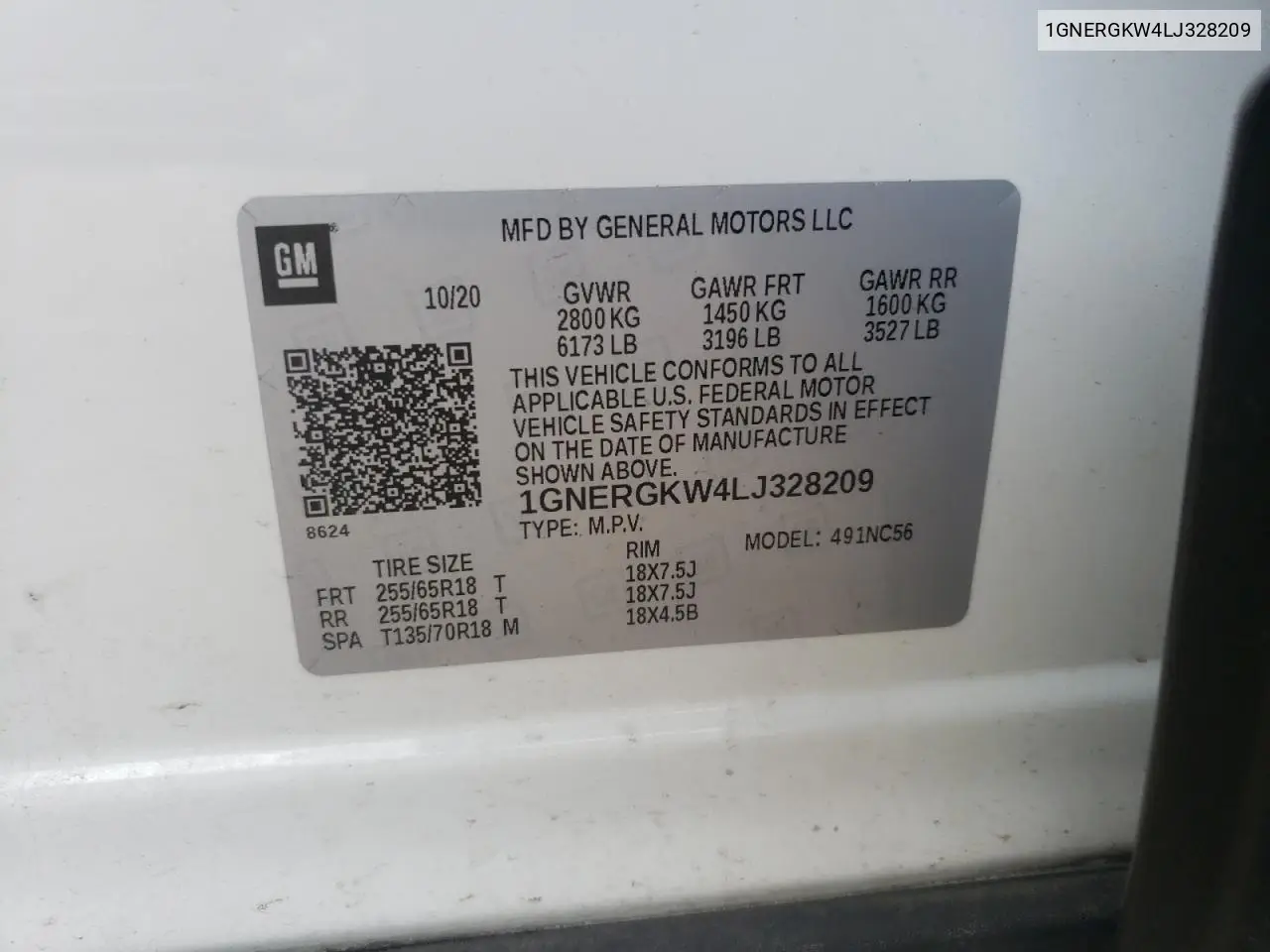 1gnergkw4lj328209 1GNERGKW4LJ328209 2020 Chevrolet Traverse Lt