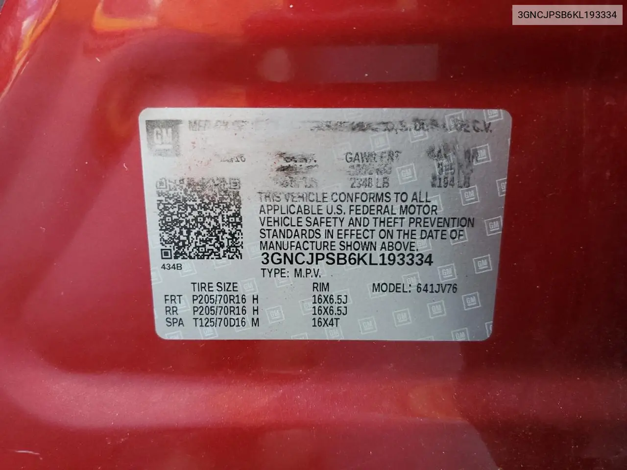 2019 Chevrolet Trax 1Lt VIN: 3GNCJPSB6KL193334 Lot: 62558095