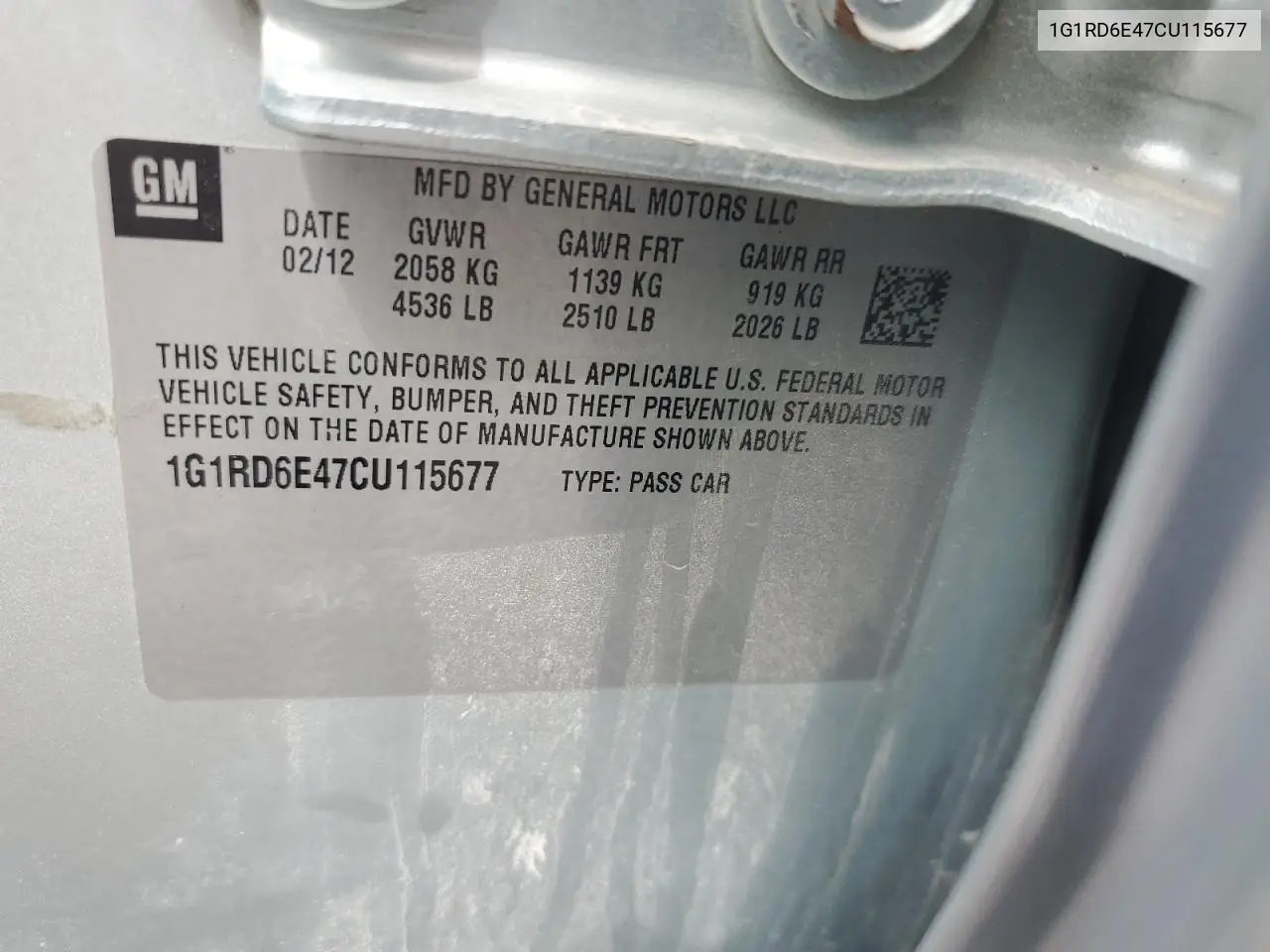 2012 Chevrolet Volt VIN: 1G1RD6E47CU115677 Lot: 65573905