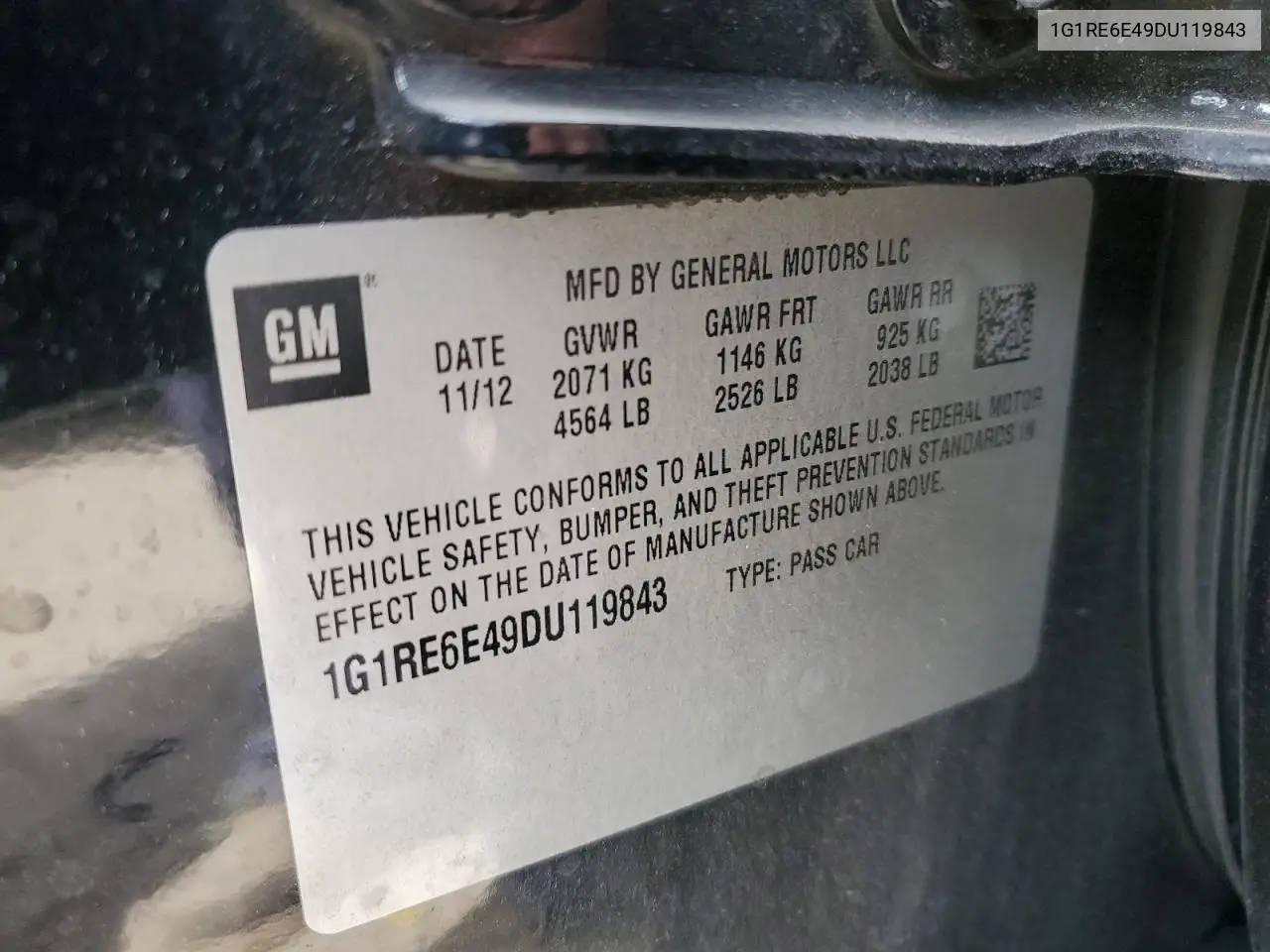 2013 Chevrolet Volt VIN: 1G1RE6E49DU119843 Lot: 65683715
