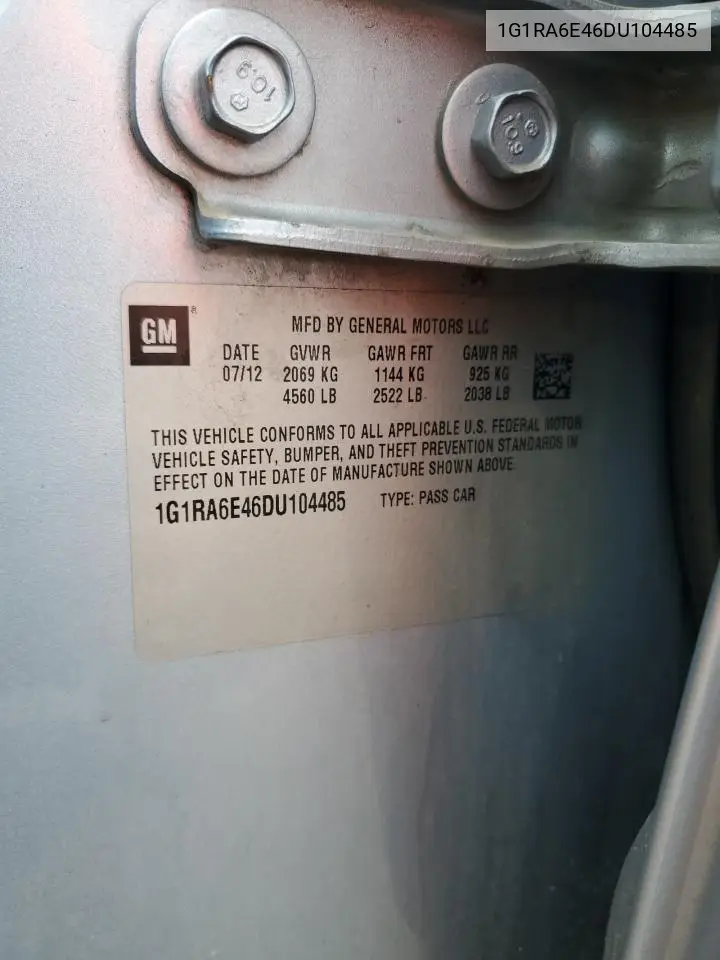 2013 Chevrolet Volt VIN: 1G1RA6E46DU104485 Lot: 66230815