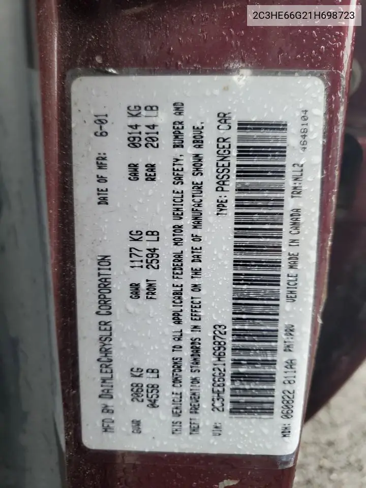 2001 Chrysler 300M VIN: 2C3HE66G21H698723 Lot: 60825375