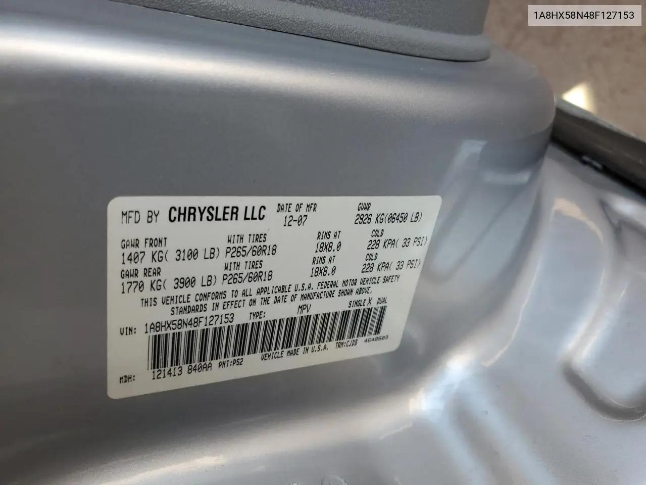 2008 Chrysler Aspen Limited VIN: 1A8HX58N48F127153 Lot: 60718185