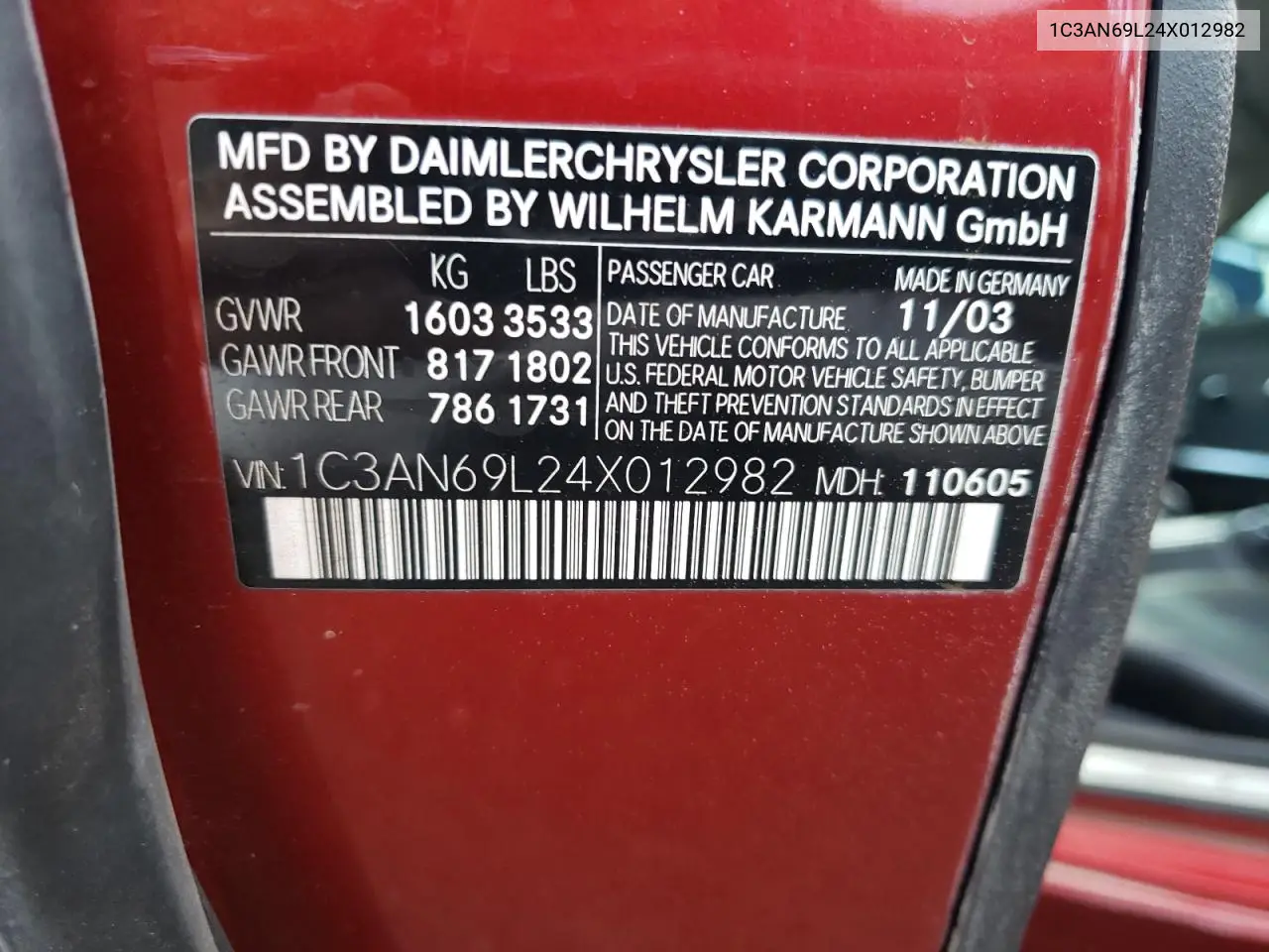 2004 Chrysler Crossfire Limited VIN: 1C3AN69L24X012982 Lot: 57153675