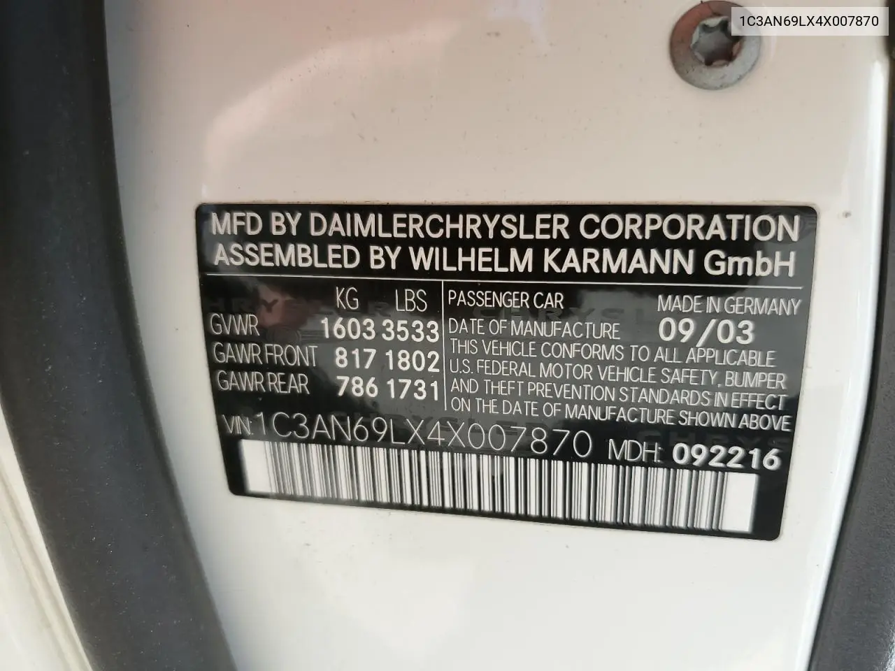 2004 Chrysler Crossfire Limited VIN: 1C3AN69LX4X007870 Lot: 58266815