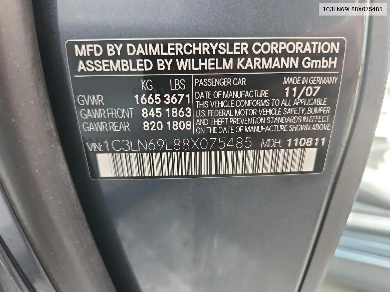 2008 Chrysler Crossfire Limited VIN: 1C3LN69L88X075485 Lot: 61995005