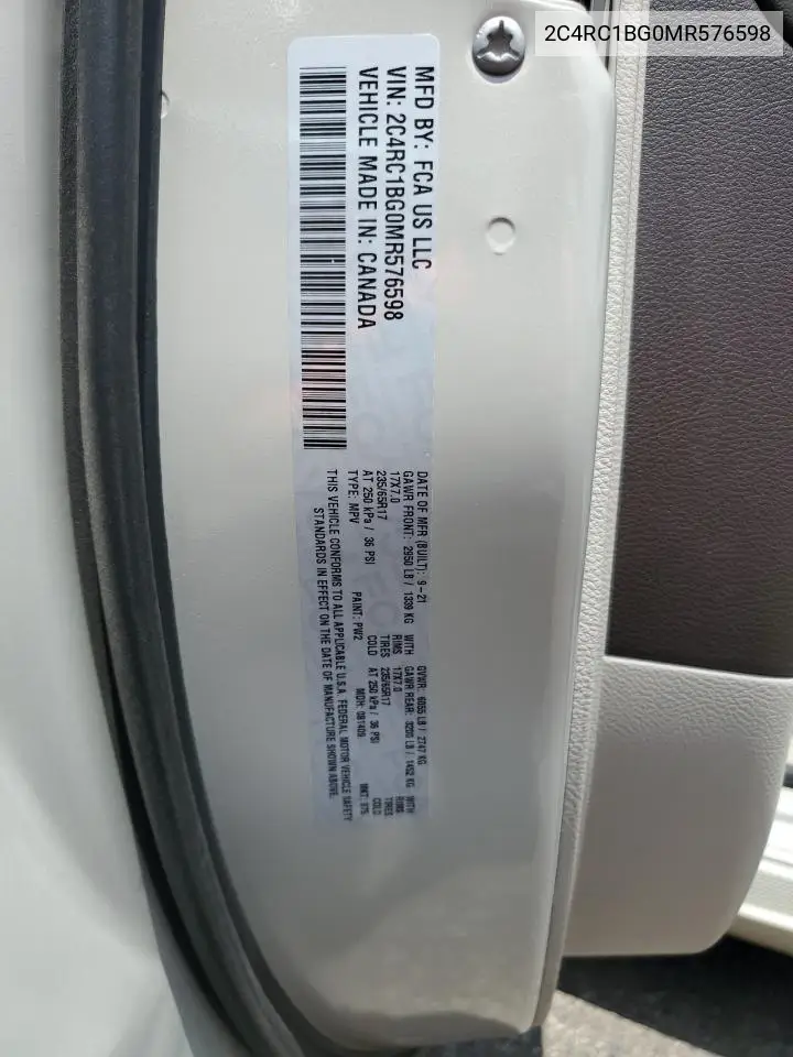2021 Chrysler Pacifica Touring L VIN: 2C4RC1BG0MR576598 Lot: 65610525