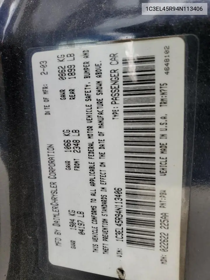 2004 Chrysler Sebring Lx VIN: 1C3EL45R94N113406 Lot: 53531285