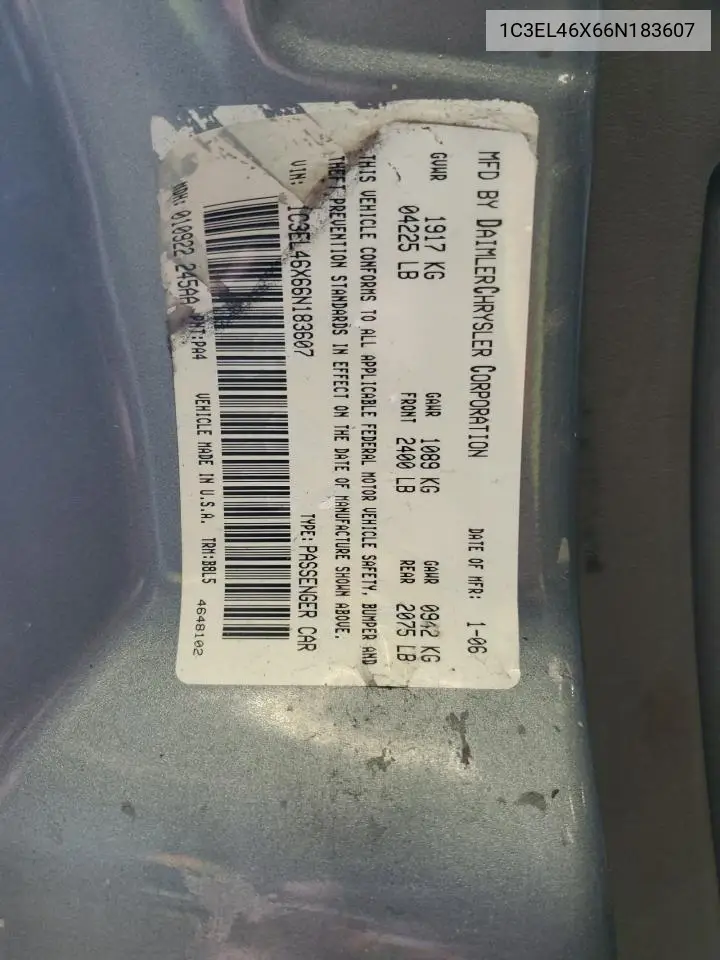 2006 Chrysler Sebring VIN: 1C3EL46X66N183607 Lot: 56274025