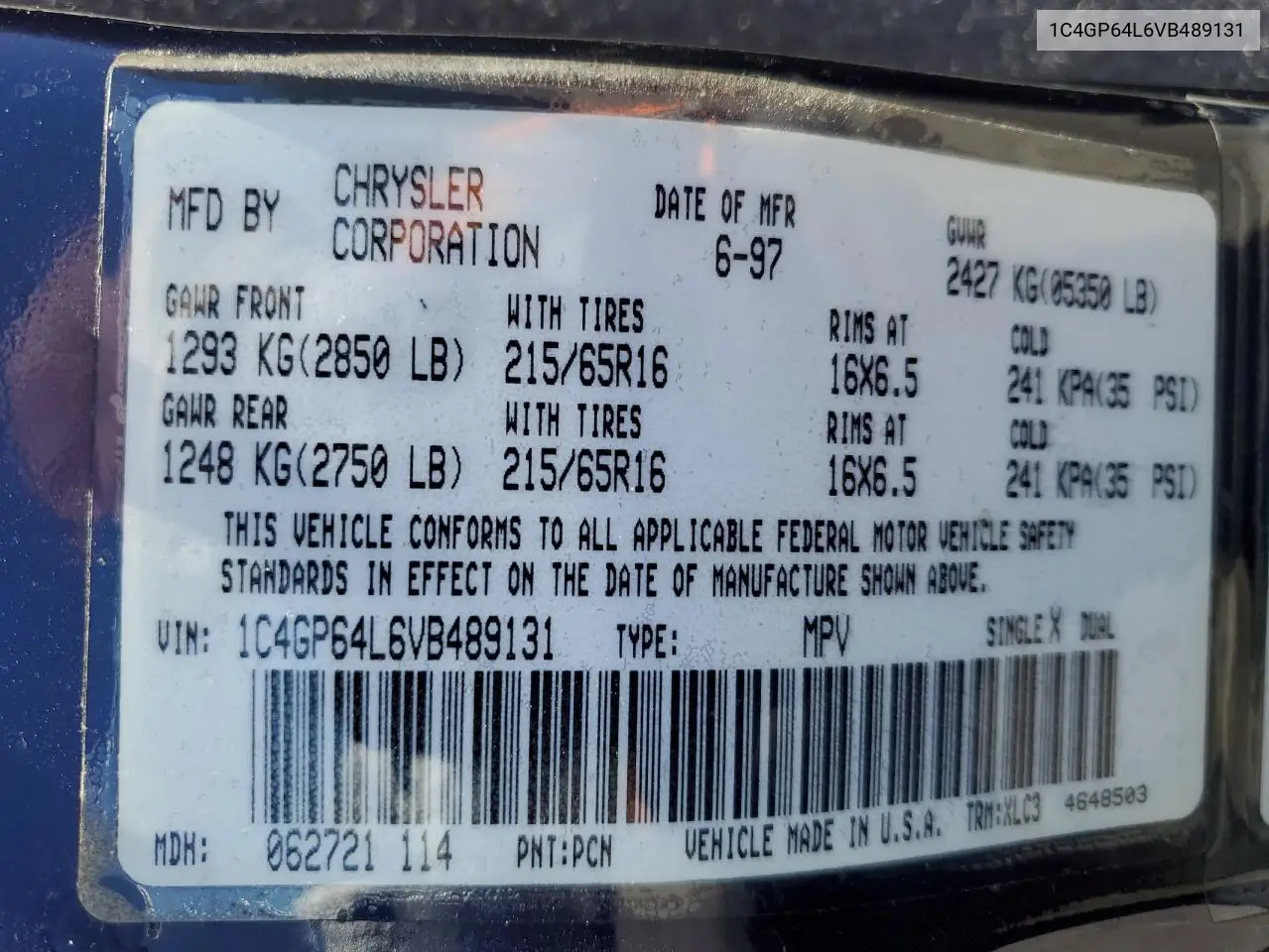 1997 Chrysler Town & Country Lxi VIN: 1C4GP64L6VB489131 Lot: 56994635