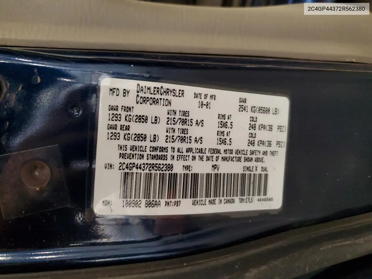 2002 Chrysler Town & Country Lx VIN: 2C4GP44372R562380 Lot: 56752925