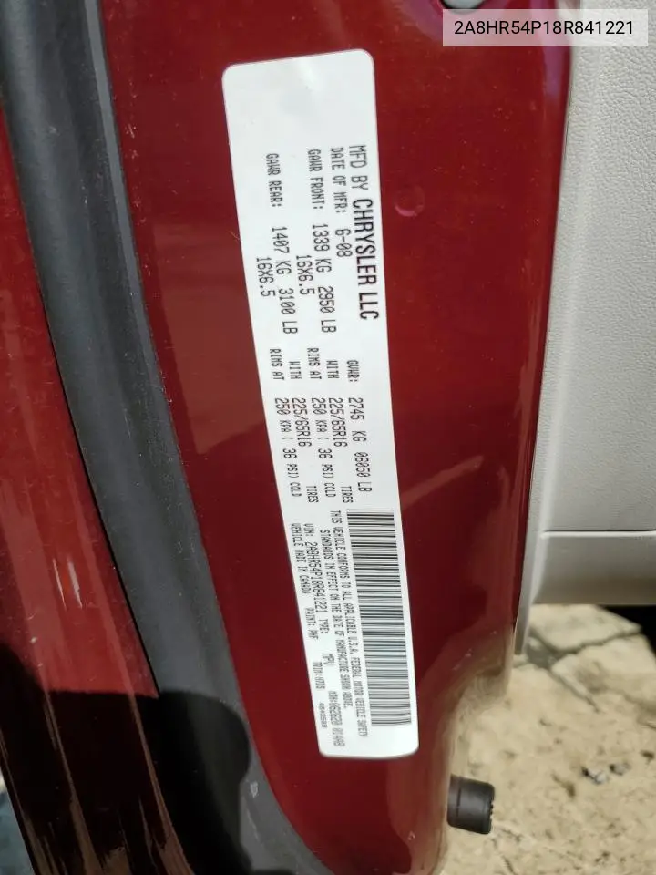 2008 Chrysler Town & Country Touring VIN: 2A8HR54P18R841221 Lot: 62454265