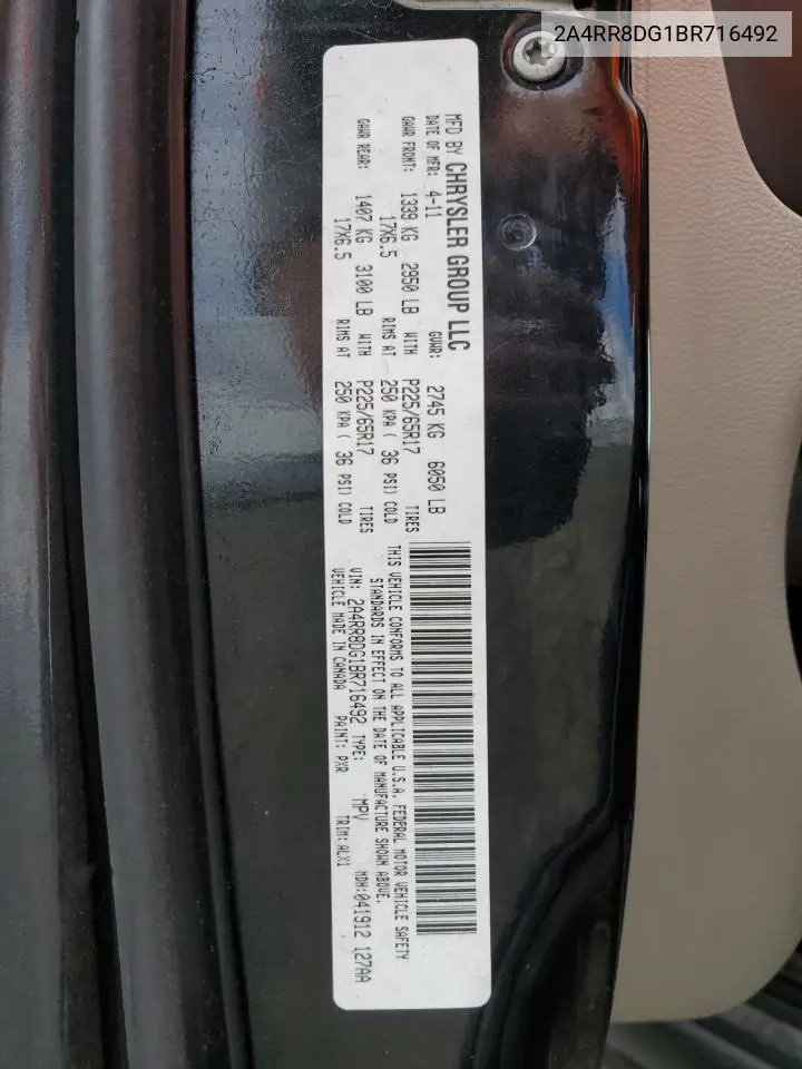 2011 Chrysler Town & Country Touring L VIN: 2A4RR8DG1BR716492 Lot: 56987445