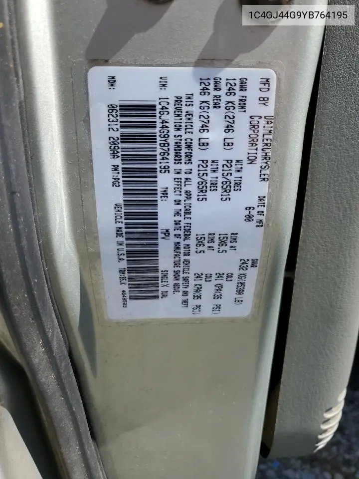 2000 Chrysler Grand Voyager Se VIN: 1C4GJ44G9YB764195 Lot: 55095555