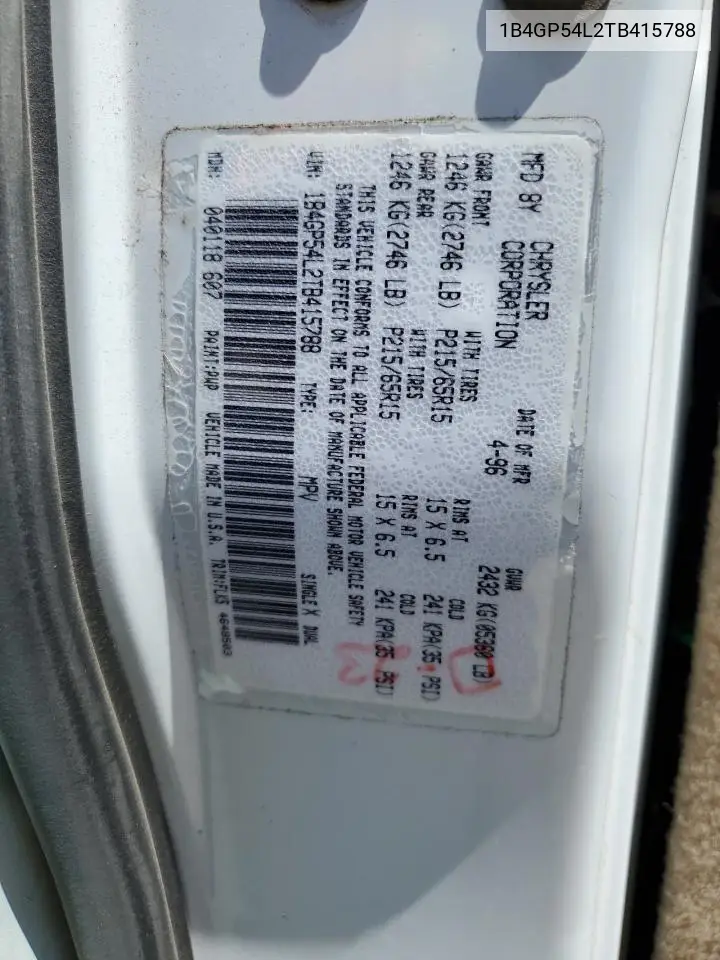 1996 Dodge Grand Caravan Le VIN: 1B4GP54L2TB415788 Lot: 61876575