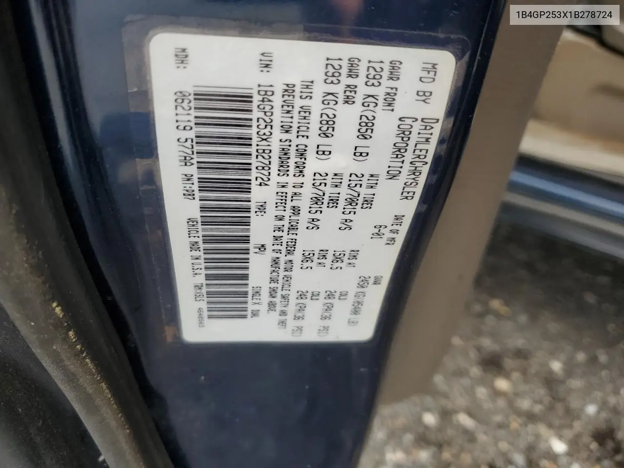 2001 Dodge Caravan Se VIN: 1B4GP253X1B278724 Lot: 56386365