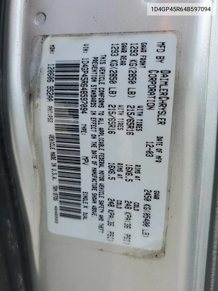 2004 Dodge Caravan Sxt VIN: 1D4GP45R64B597094 Lot: 56530615