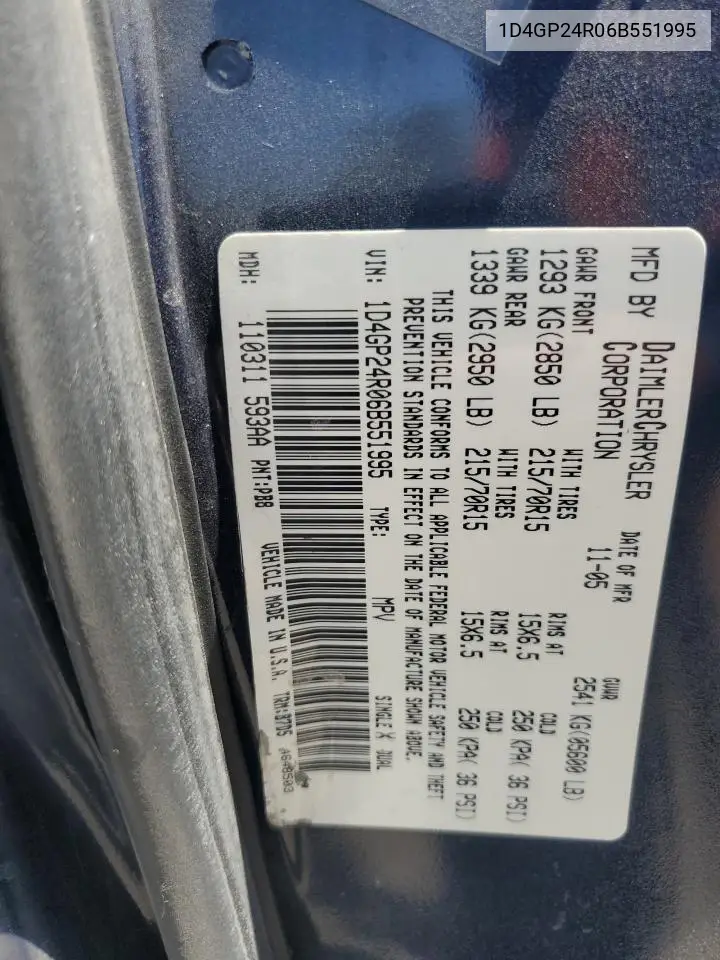 2006 Dodge Grand Caravan Se VIN: 1D4GP24R06B551995 Lot: 61457435