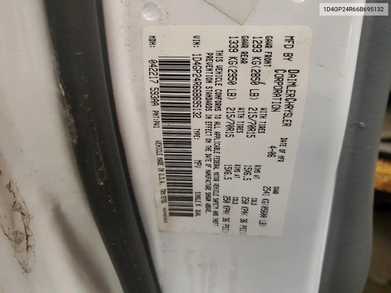 2006 Dodge Grand Caravan Se VIN: 1D4GP24R66B695132 Lot: 62541885