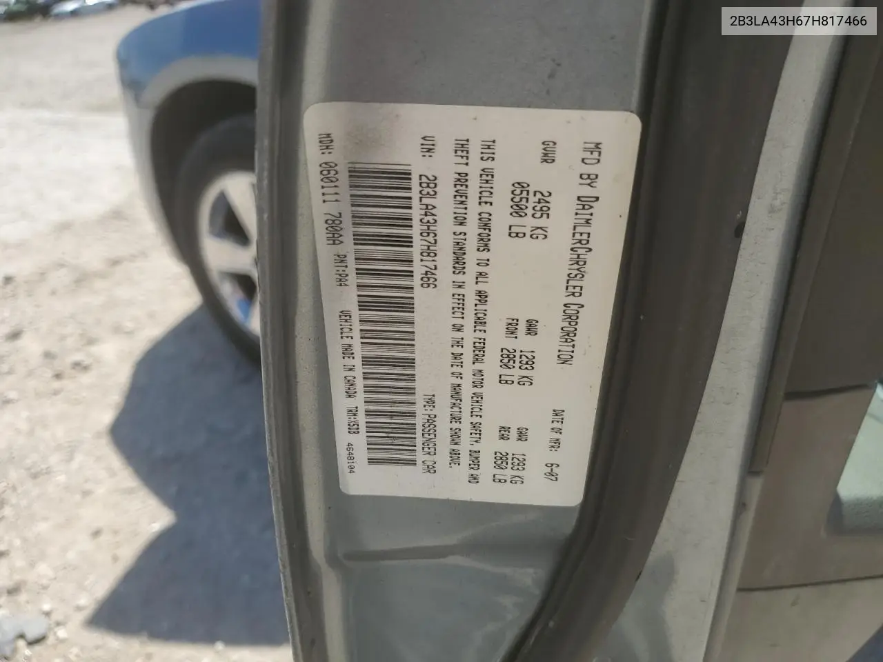2007 Dodge Charger Se VIN: 2B3LA43H67H817466 Lot: 63225325
