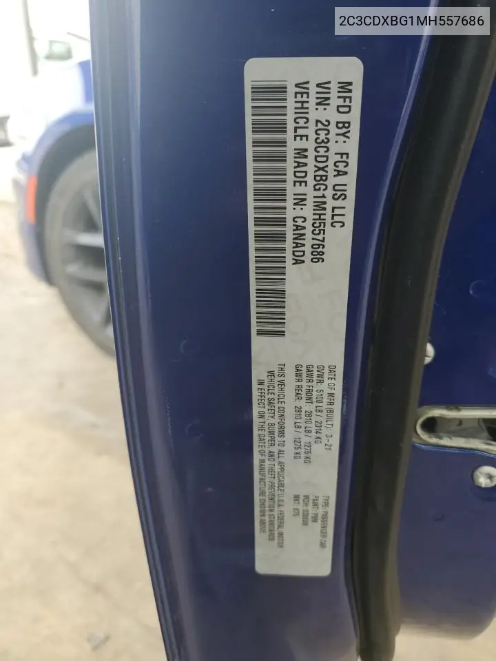 2021 Dodge Charger Sxt VIN: 2C3CDXBG1MH557686 Lot: 63156815