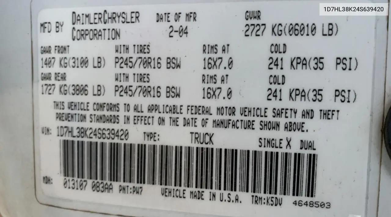 2004 Dodge Dakota Quad Sport VIN: 1D7HL38K24S639420 Lot: 64867545