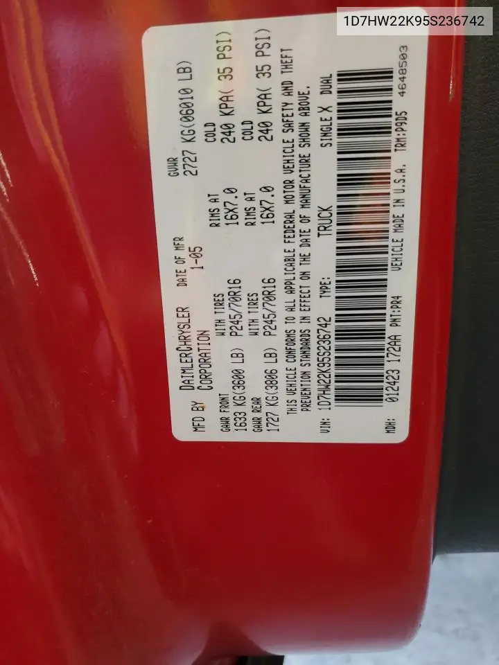 2005 Dodge Dakota St VIN: 1D7HW22K95S236742 Lot: 54056535