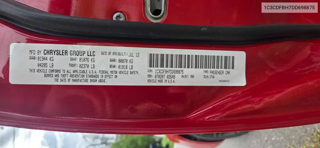 2013 Dodge Dart Sxt VIN: 1C3CDFBH7DD698875 Lot: 62867985