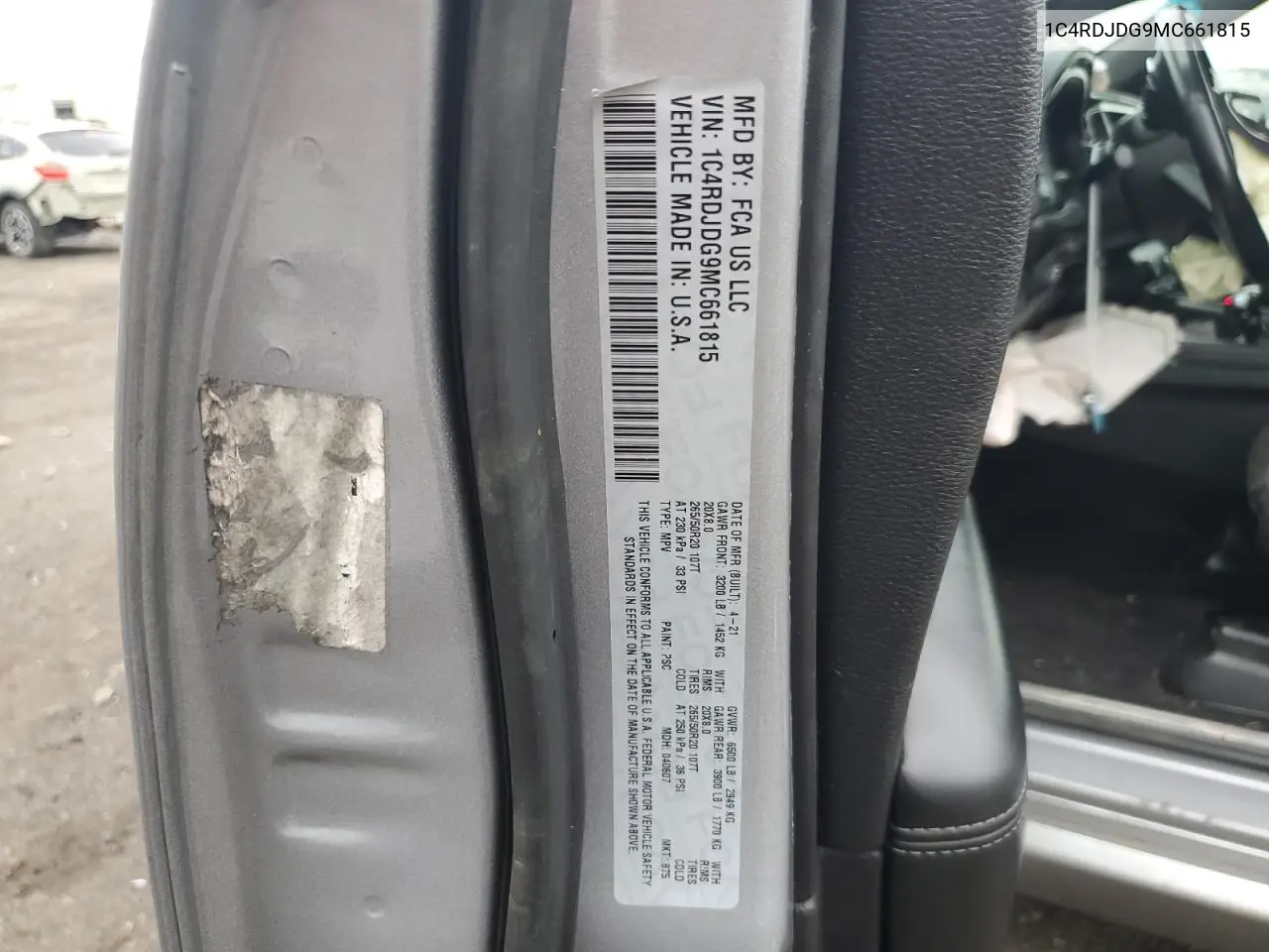 2021 Dodge Durango Gt VIN: 1C4RDJDG9MC661815 Lot: 56139325