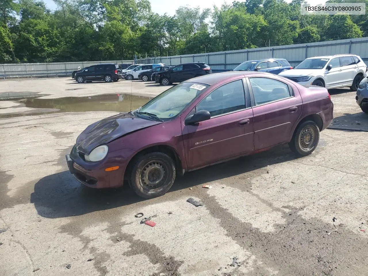 2000 Dodge Neon Base VIN: 1B3ES46C3YD800905 Lot: 62514185