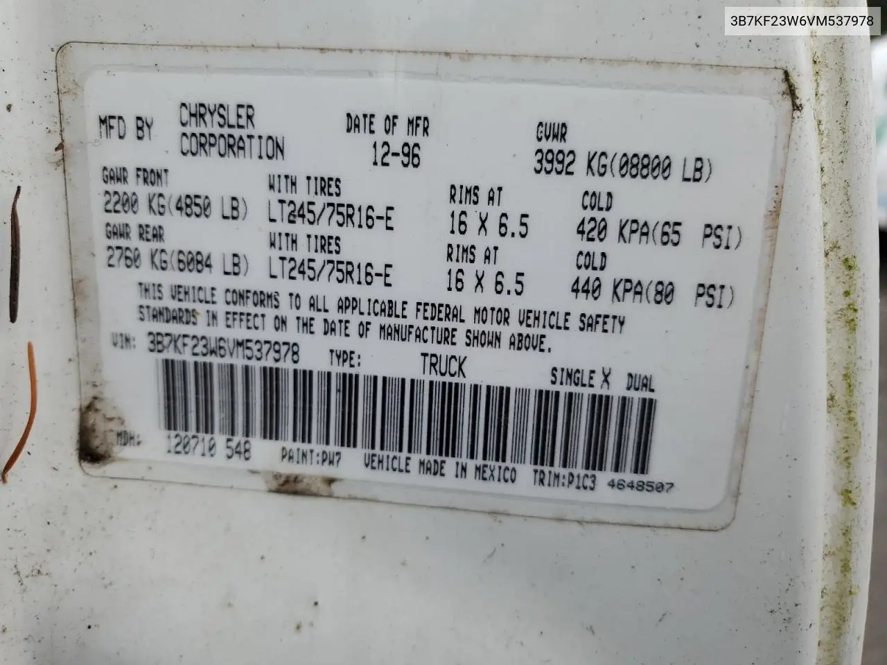 1997 Dodge Ram 2500 VIN: 3B7KF23W6VM537978 Lot: 56804625